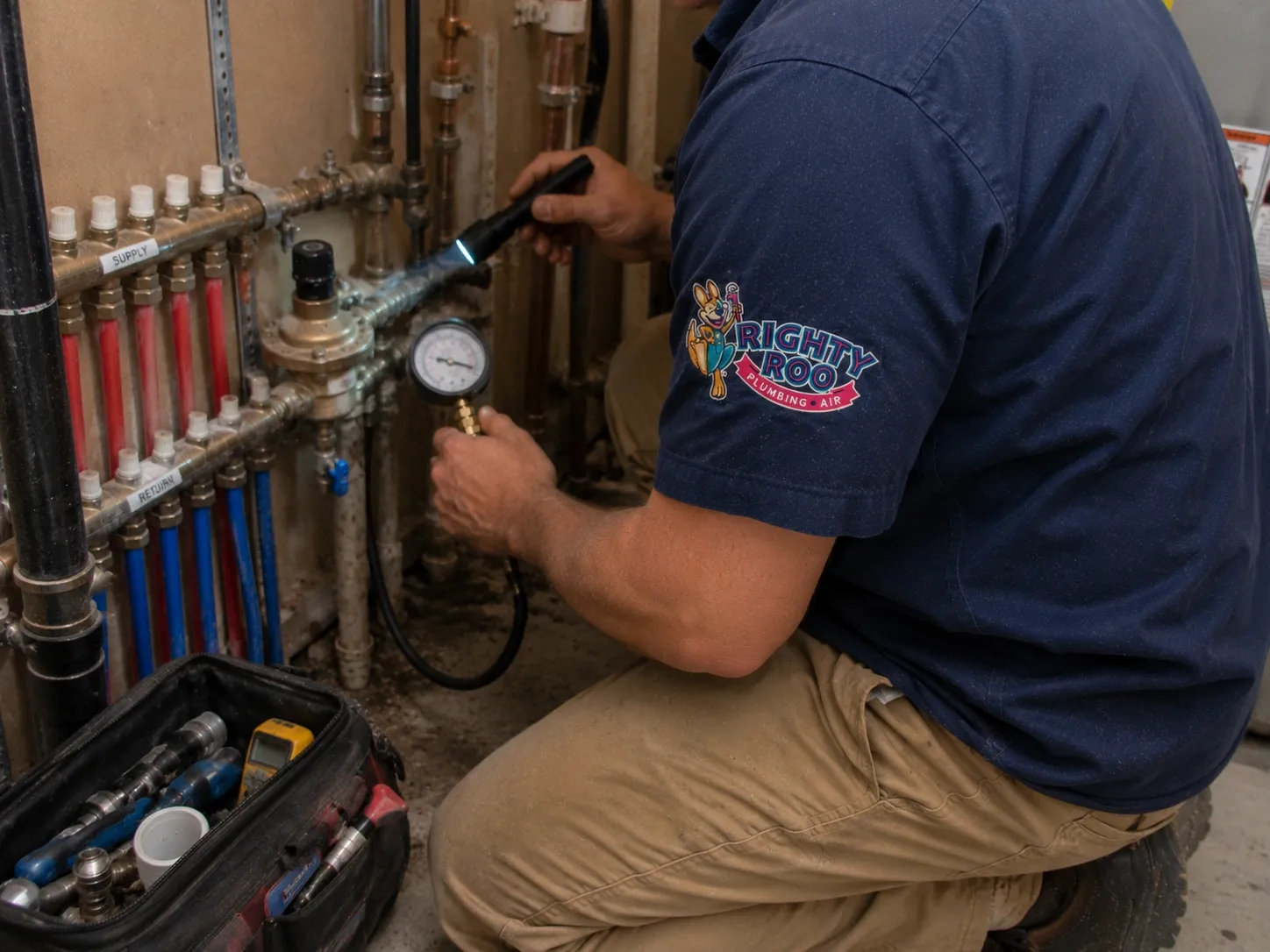 A Righty Roo plumber checking water pressure at a supply manifold